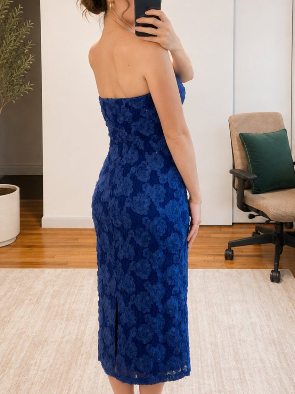 Flawless Perfection Blue Floral Applique Strapless Midi Dress